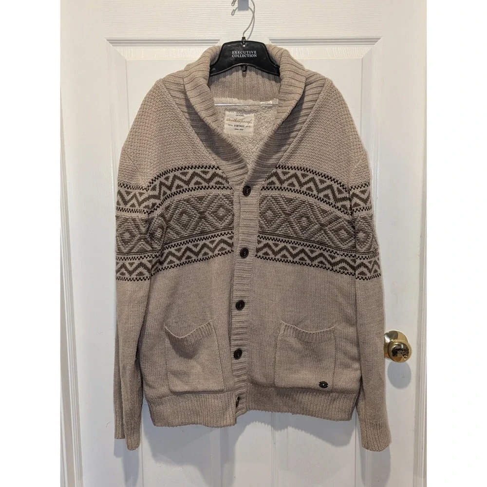 Nordic Fair Isle Sherpa Lined Shawl Collar Cardigan Weatherproof Vintage Large